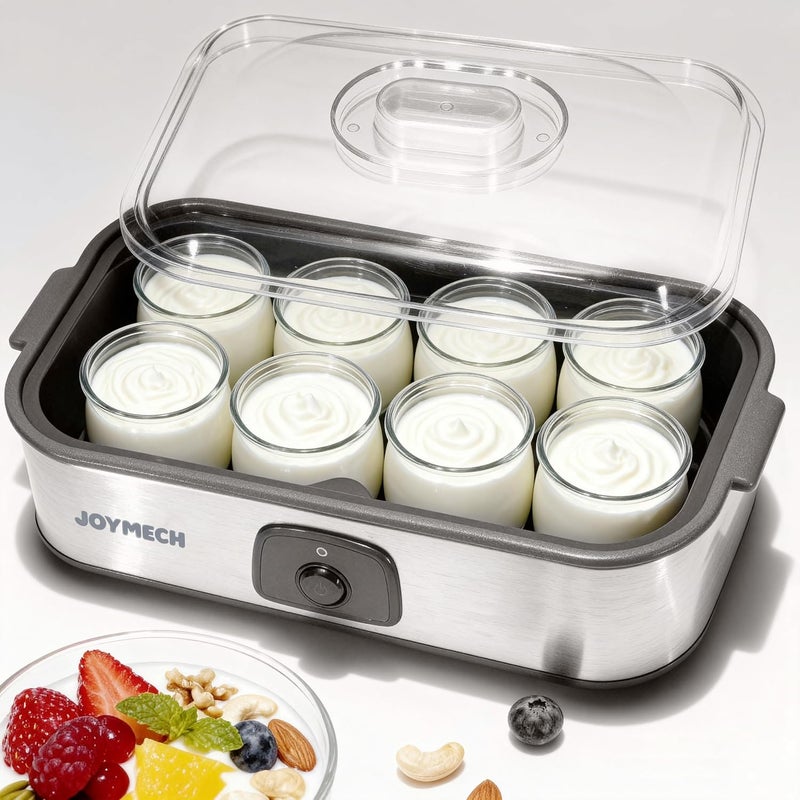 JoyMech Yogurt Maker Machine, 8 Glass Jars with Lids Reusable for Yoghurt, Oatmeal, Pudding, or Jello, Food-Grade Martial, One-touch Control, Homemade Yogurt - Image 1